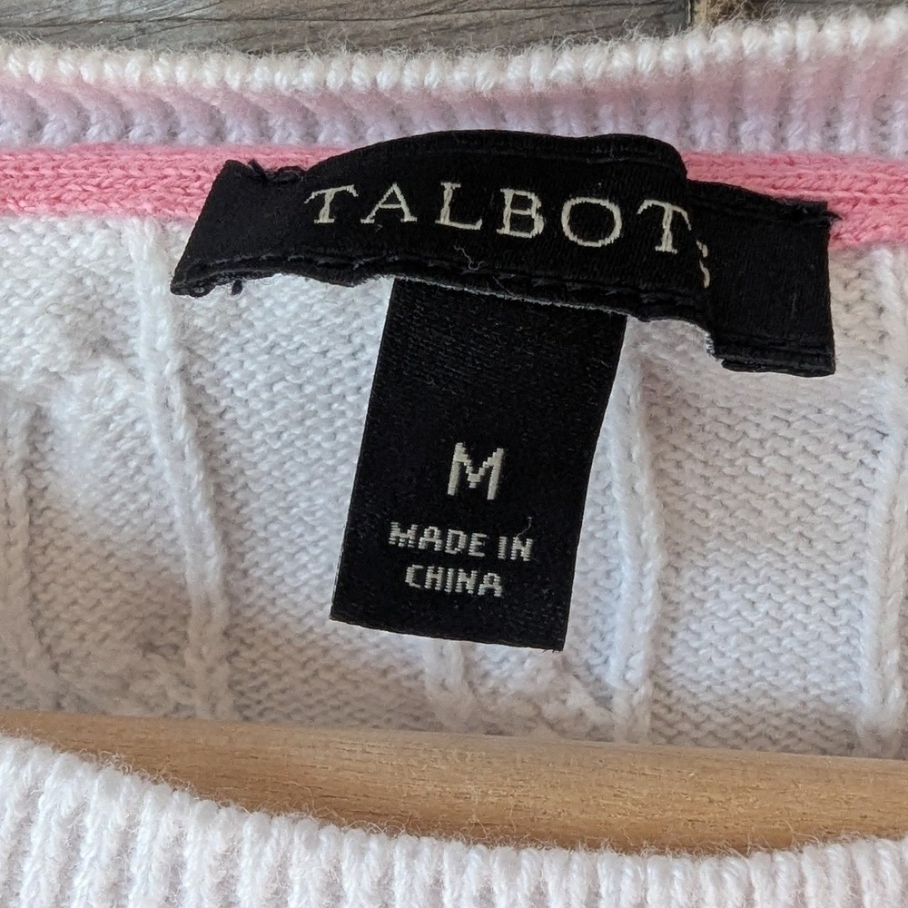 Talbots White Cable Knit Tennis Racket Embroidered Sweater Short Sleeve Preppy - Picture 6 of 7